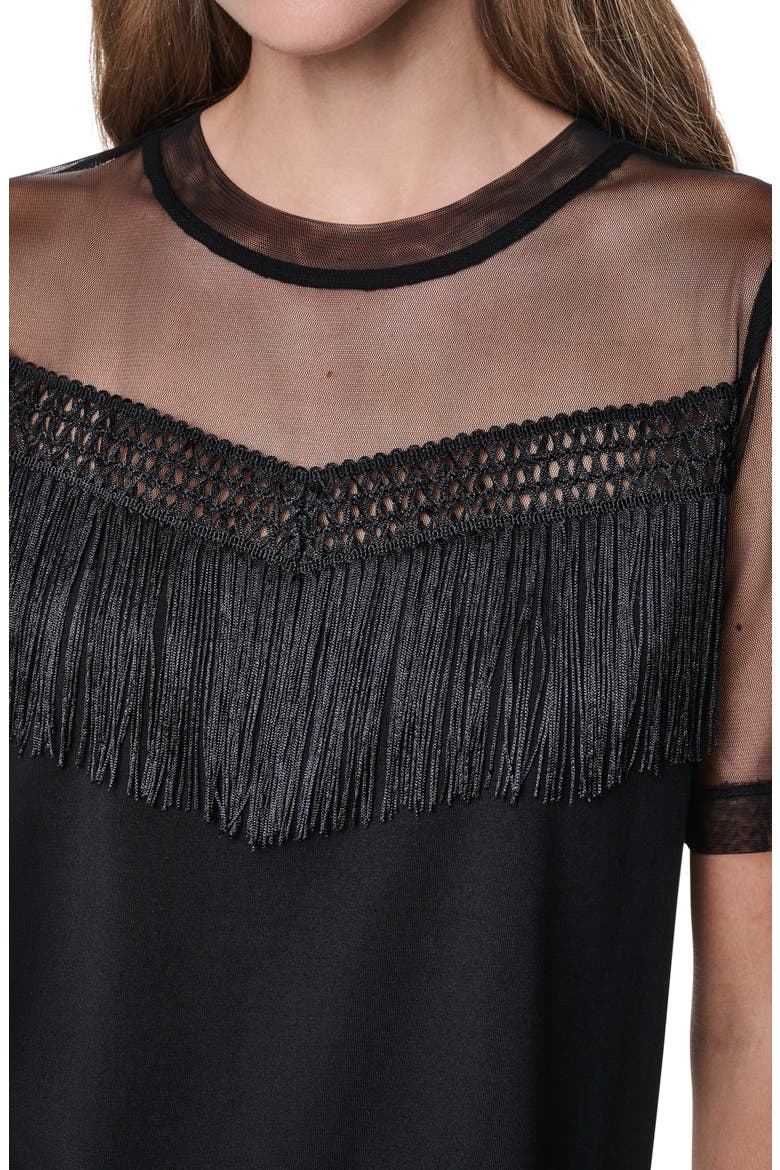 Fringe Detail Cotton Blend Mesh Top, Alternate, color, BLACK