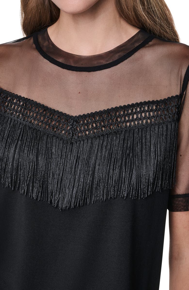 DKNY Fringe Detail Cotton Blend Mesh Top, Alternate, color, Black