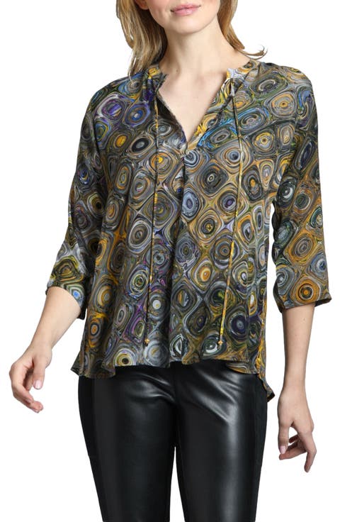 Print Tassel Split Neck Chiffon Top