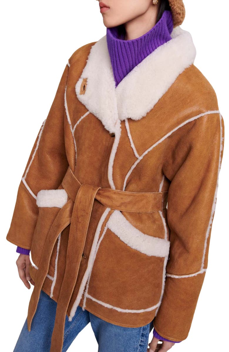 maje Belted Genuine Shearling Jacket, Alternate, color, 