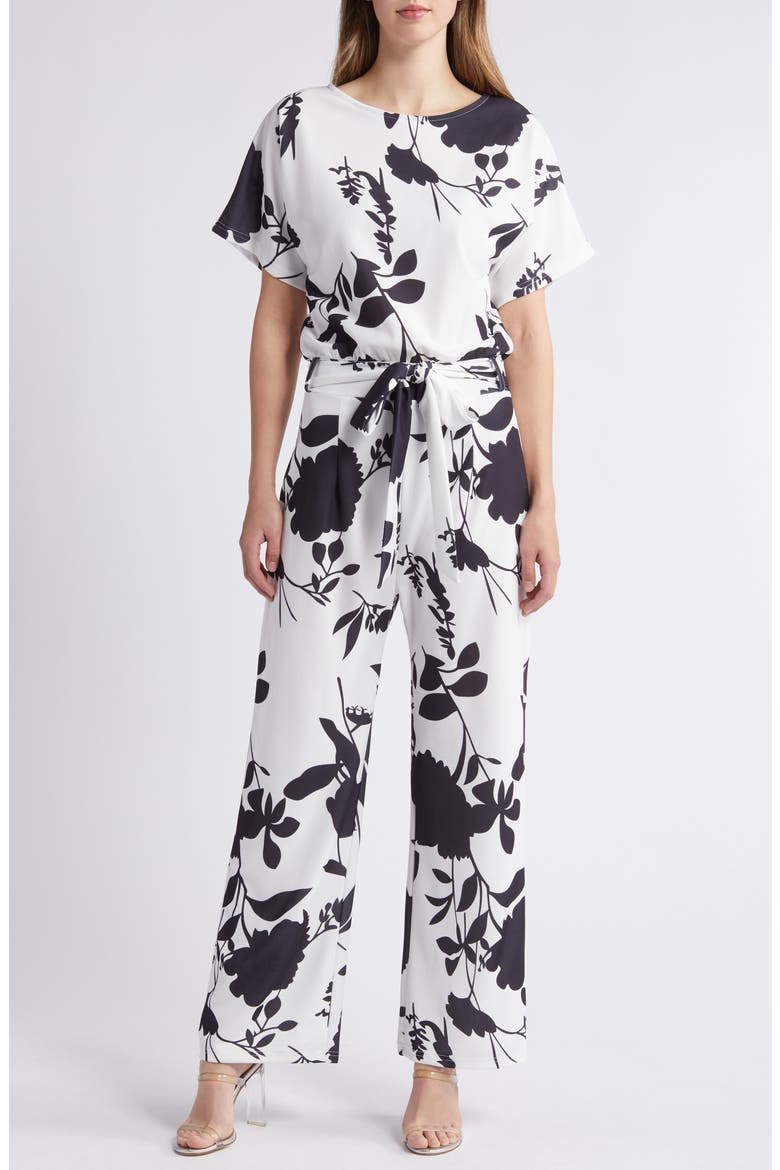 Lindsey Floral Tie Waist Jumpsuit, Main, color, WHITE/BLACK FLORAL