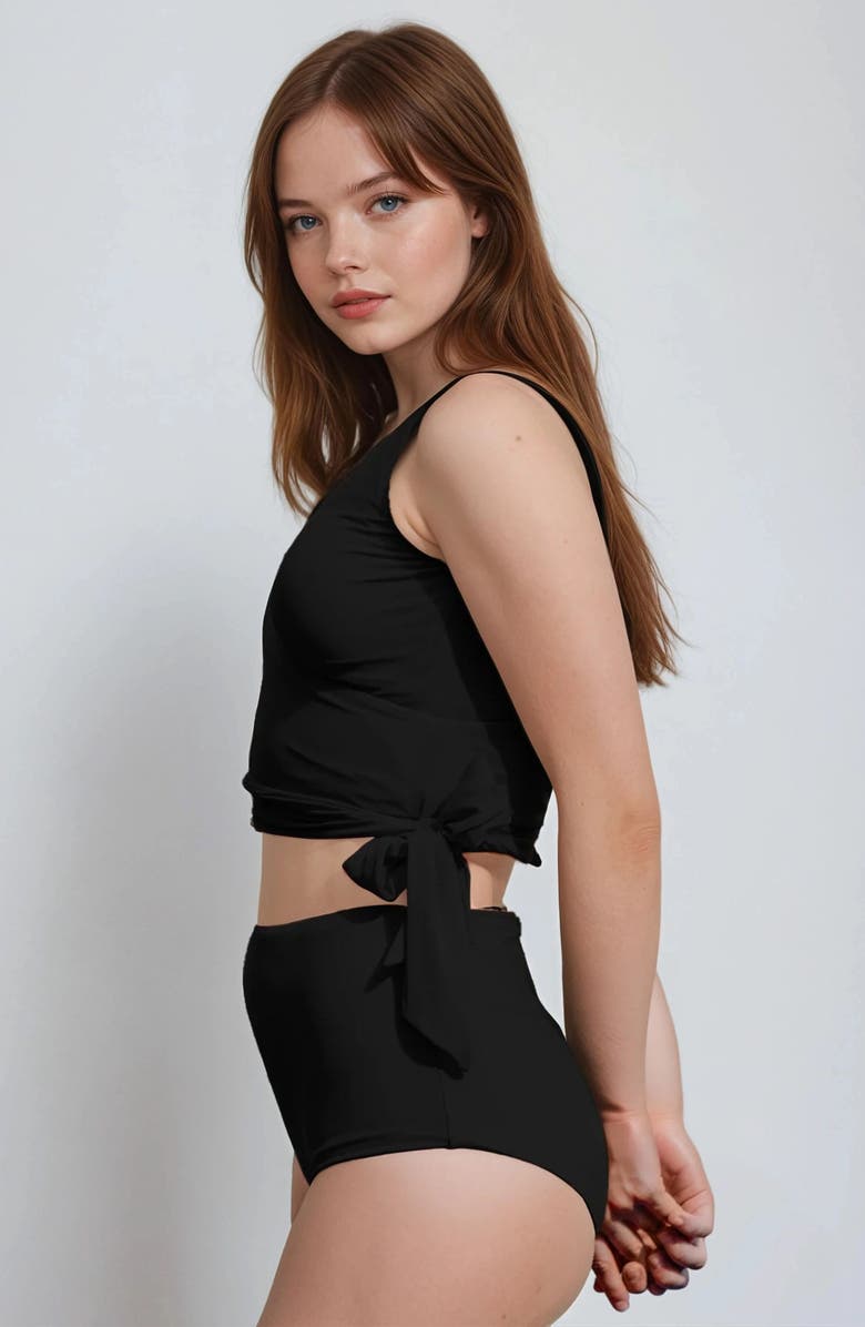 Calypsa Plus Size Emery 2-Piece Wrap Style Swim Set With Reversible Top and High-Waisted Bottom, Alternate, color, Black