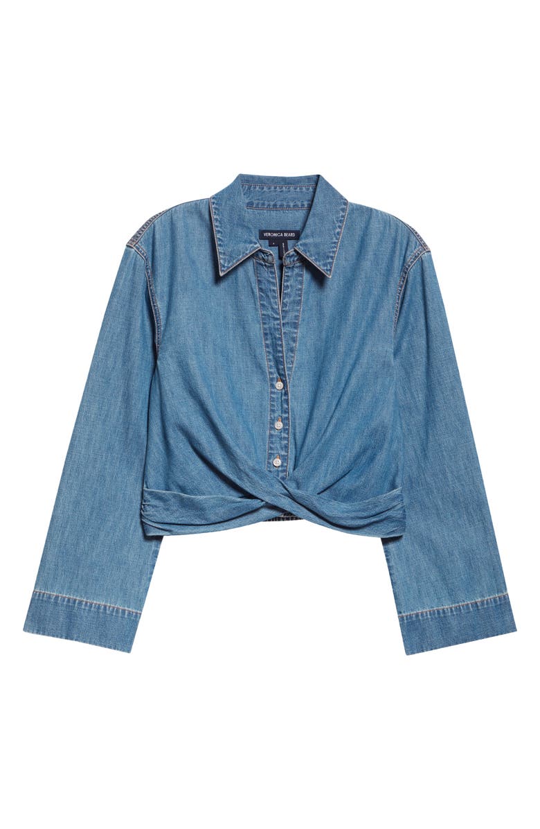 Veronica Beard Timothy Crop Twist Button-Up Denim Shirt, Alternate, color, Ripple Haze