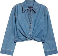 Veronica Beard Timothy Crop Twist Button-Up Denim Shirt