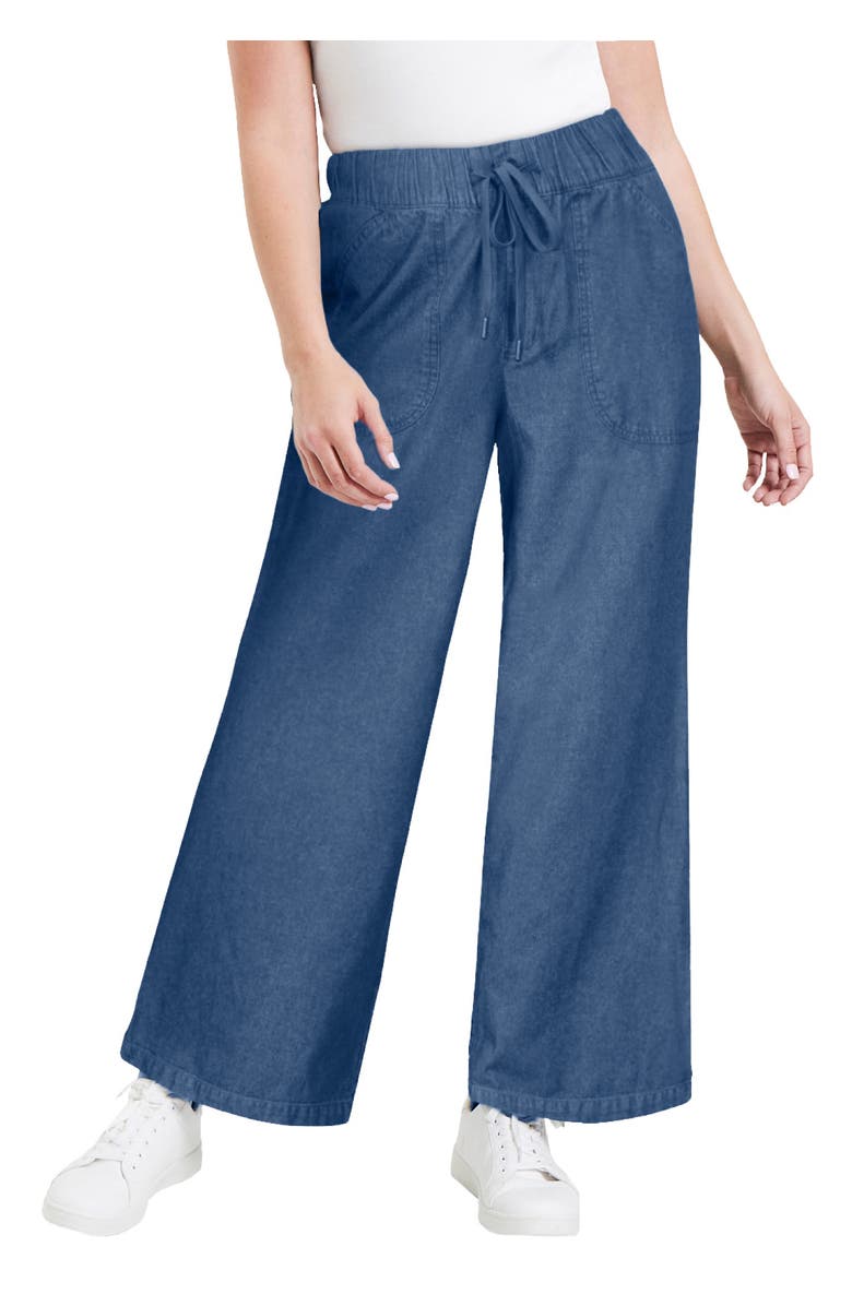 June + Vie Drawstring Denim Wide-Leg Bottoms., Main, color, Medium Wash