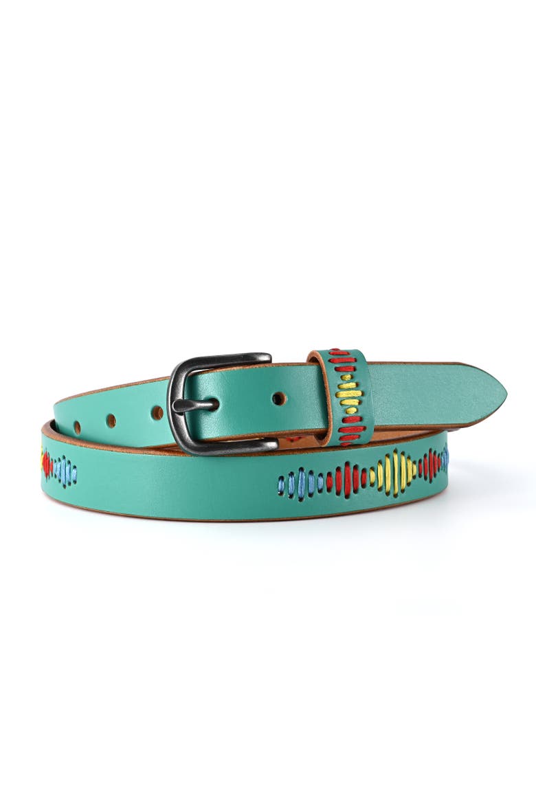 Boho Genuine Leather Stitched Perforated Detail Belt, Main, color, Aqua