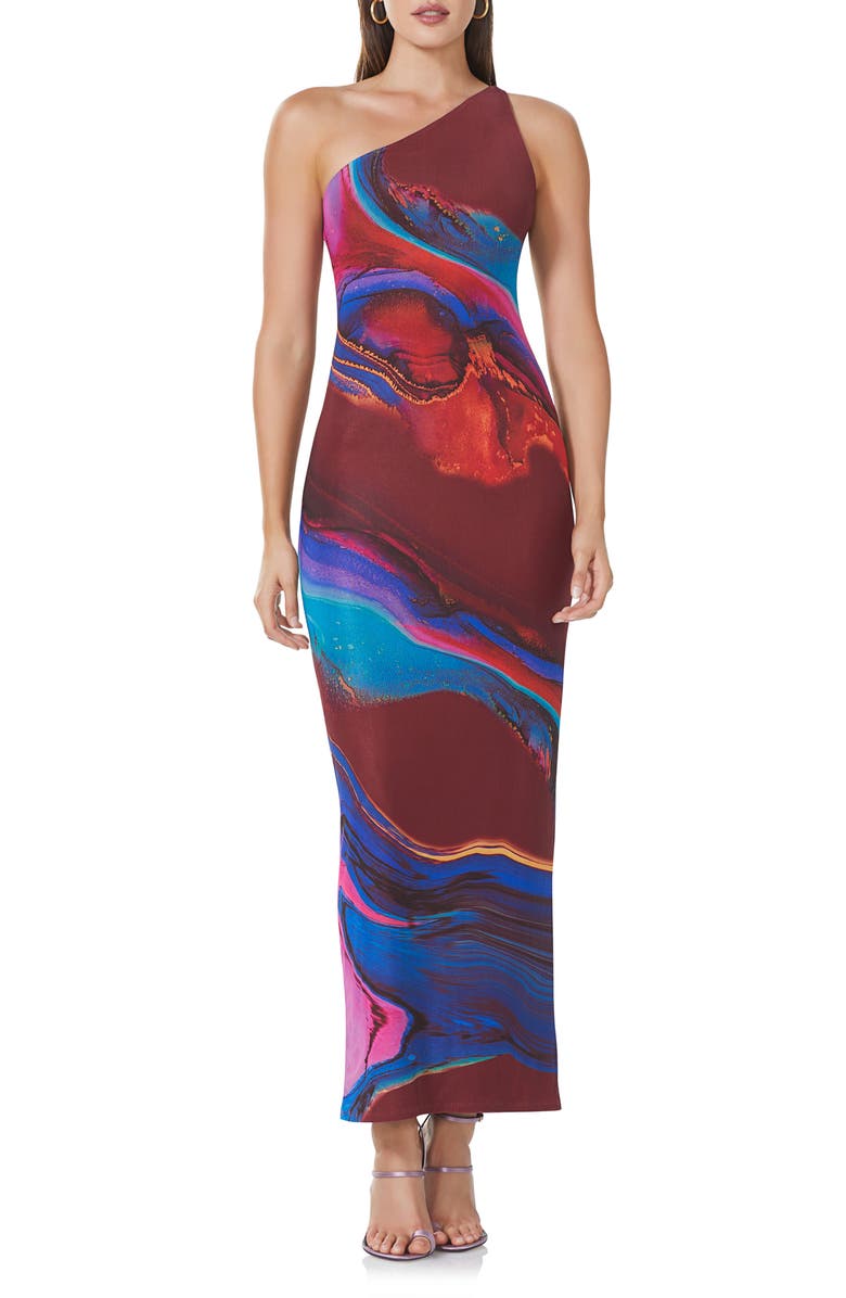 AFRM Foley One-Shoulder Dress, Main, color, Ocean Marble