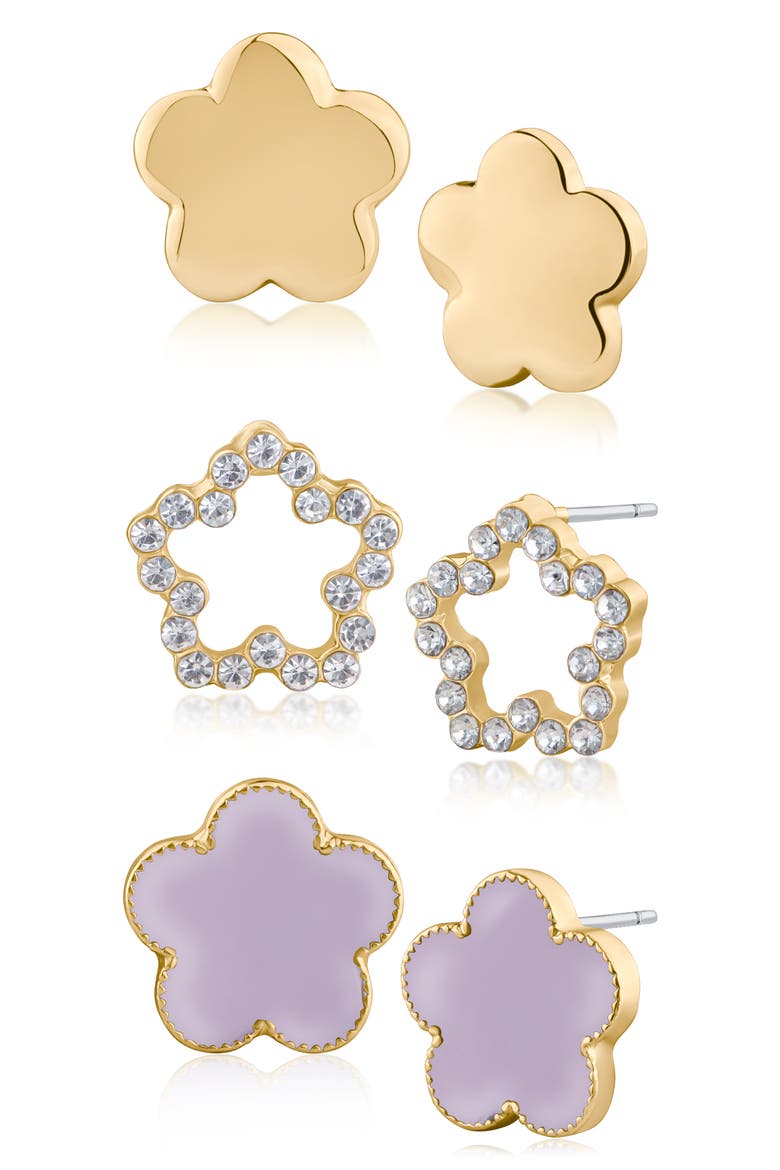 Set of 3 Clover Stud Earrings, Main, color, LAVENDER/ GOLD