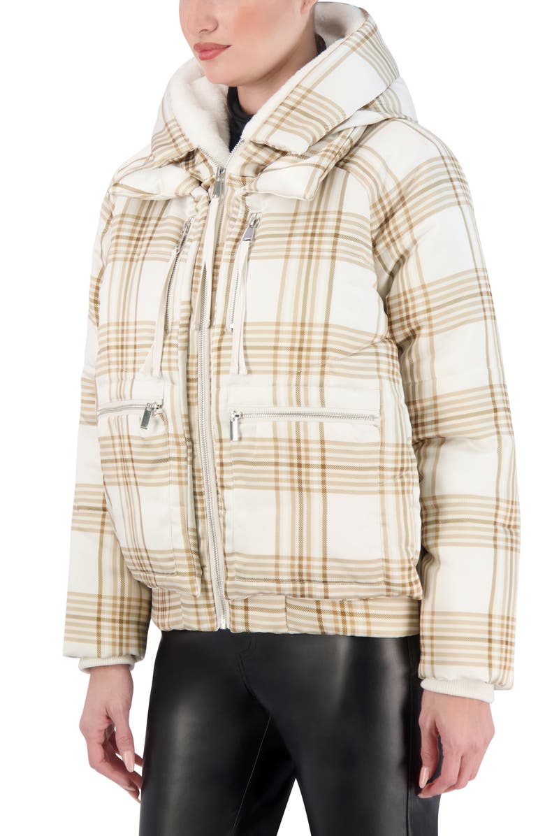 Ookie & Lala Plaid Faux Fur Lined Utility Crop Puffer Hooded Jacket, Alternate, color, Cream Plaid
