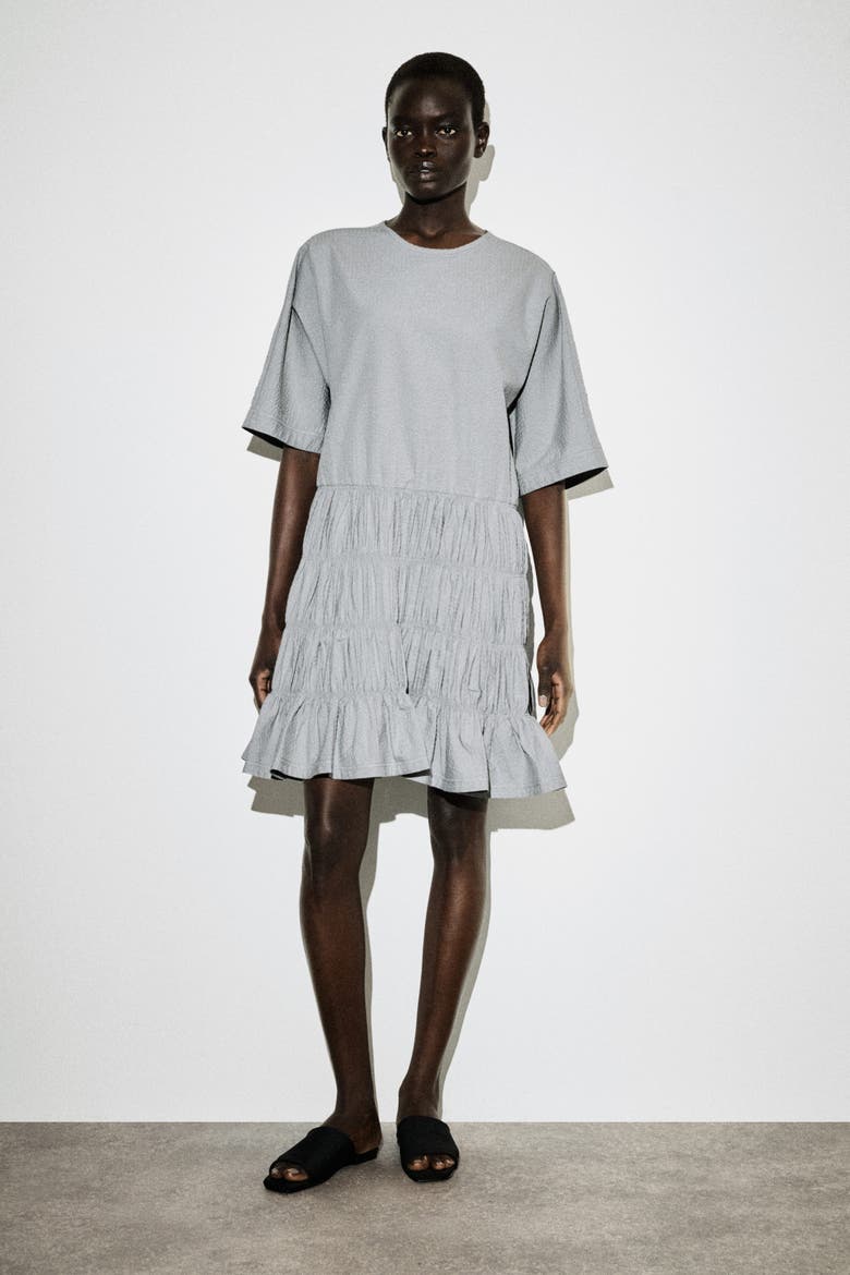 Smocked Seersucker Mini Dress, Main, color, GRAY