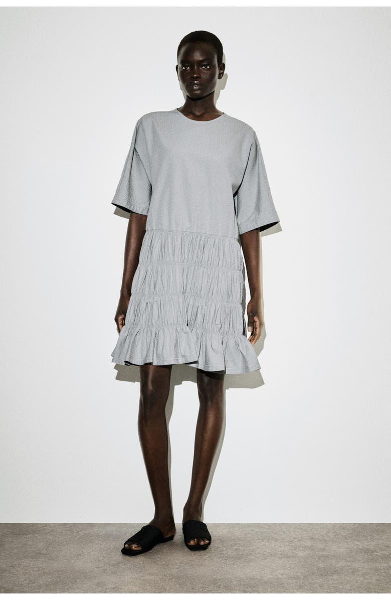 COS Smocked Seersucker Mini Dress, Main, color, Gray