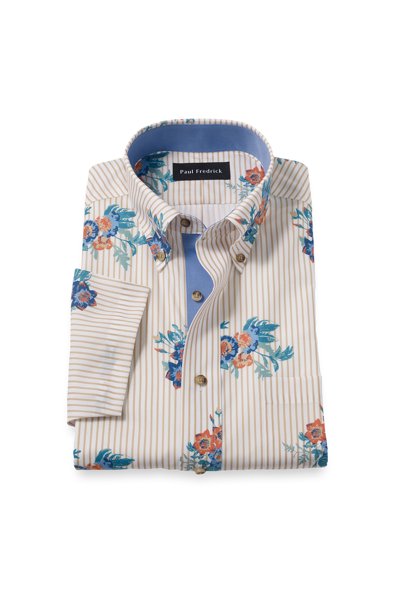 Cotton Buttondown Collar Poplin Classic Contrast Trim Hemmed Sleeve Short Sleeve Shirt, Main, color, Tan Multi