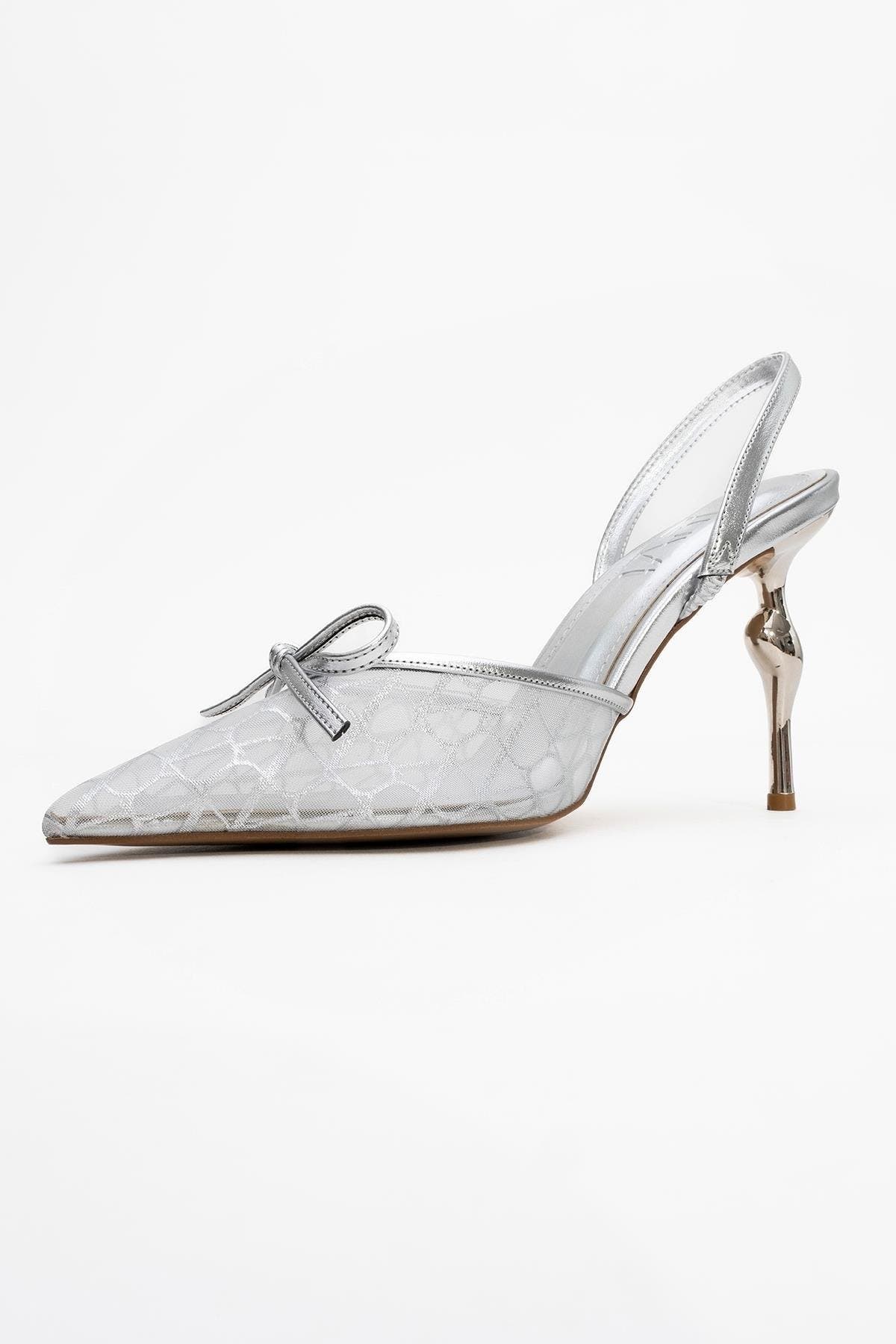 Peony Mesh Bow Pointed Toe Pump, Alternate, color, Silver Mesh