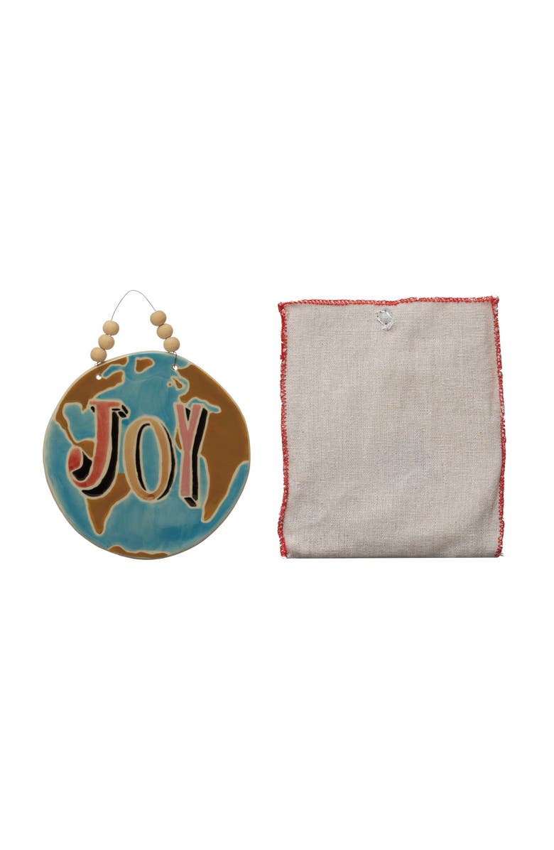 Storied Home Round Handmade Stoneware Ornament with Wax Relief "Joy" in Linen Bag, Multicolor, Main, color, Blue