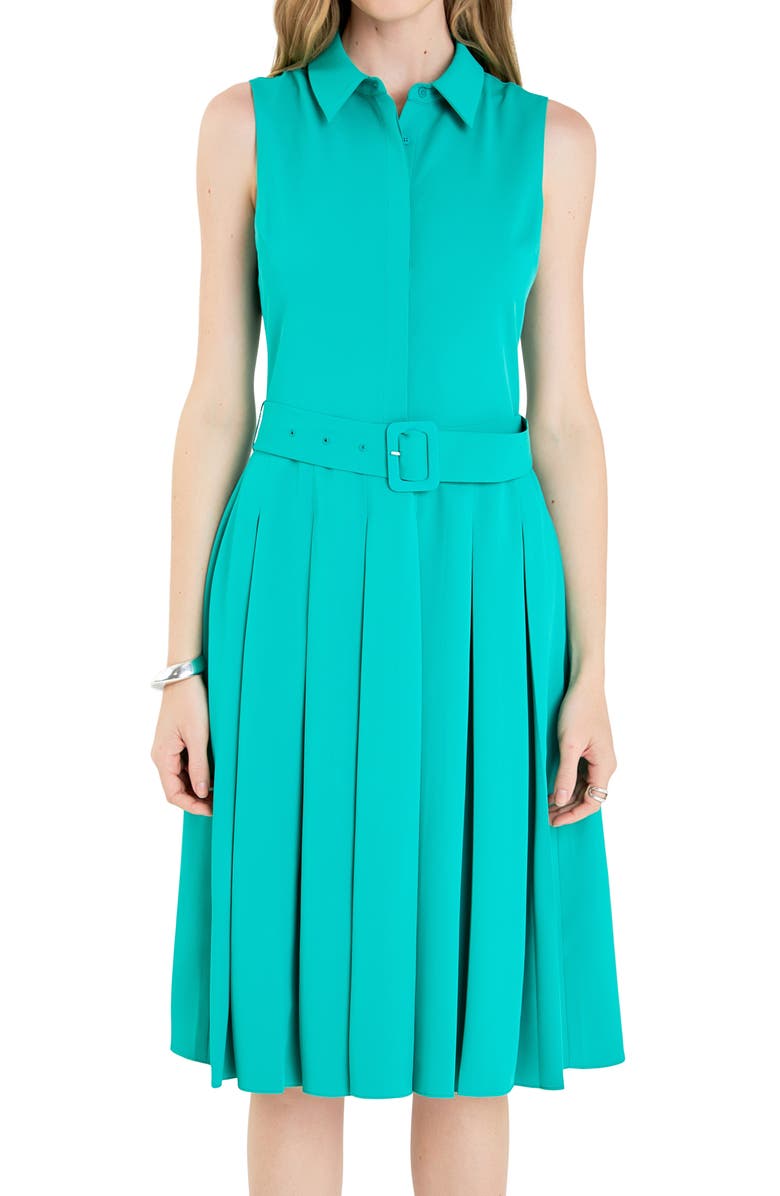 English Factory Pleated Belted Sleeveless Midi Shirtdress, Alternate, color, Kelly Green