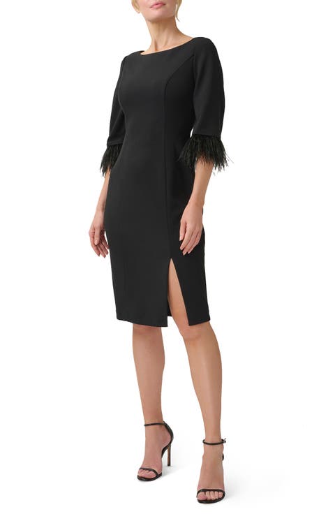 Feather Trim Crepe Sheath Dress (Plus Size)