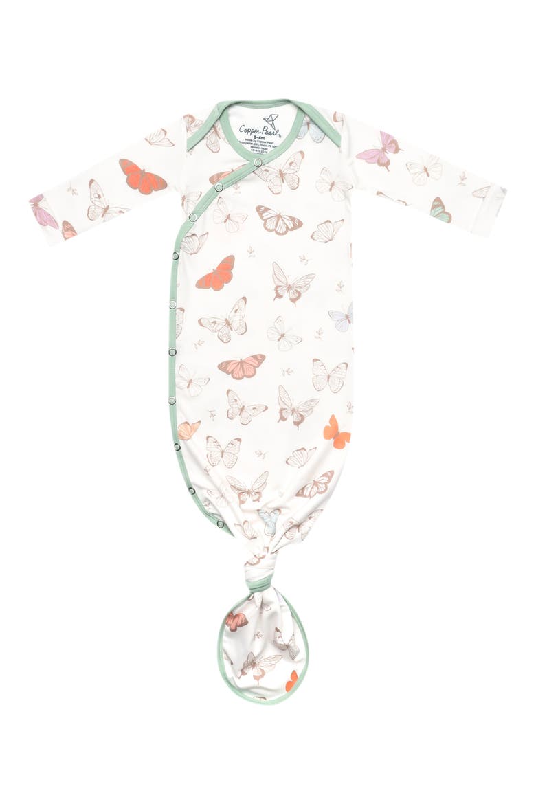 Luna Butterfly Print Newborn Knotted Gown, Main, color, LIGHT BEIGE