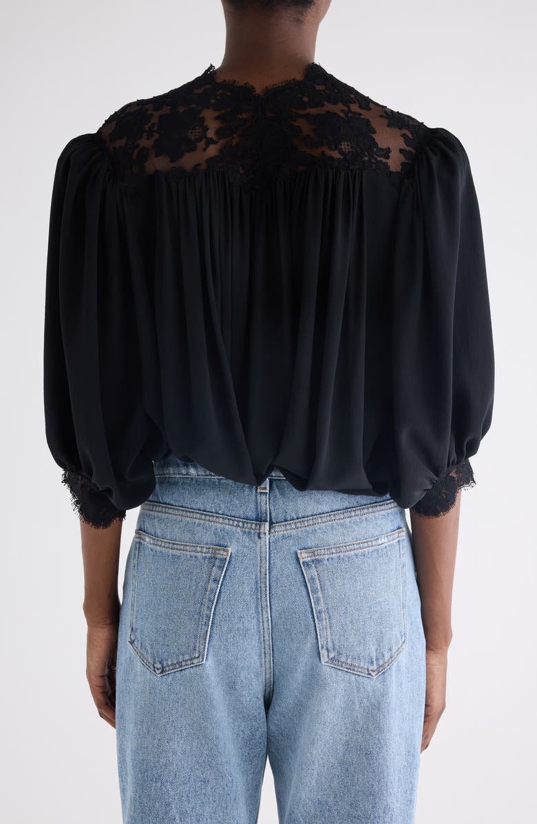 Chloé Lace Trim Silk Top, Alternate, color, Black