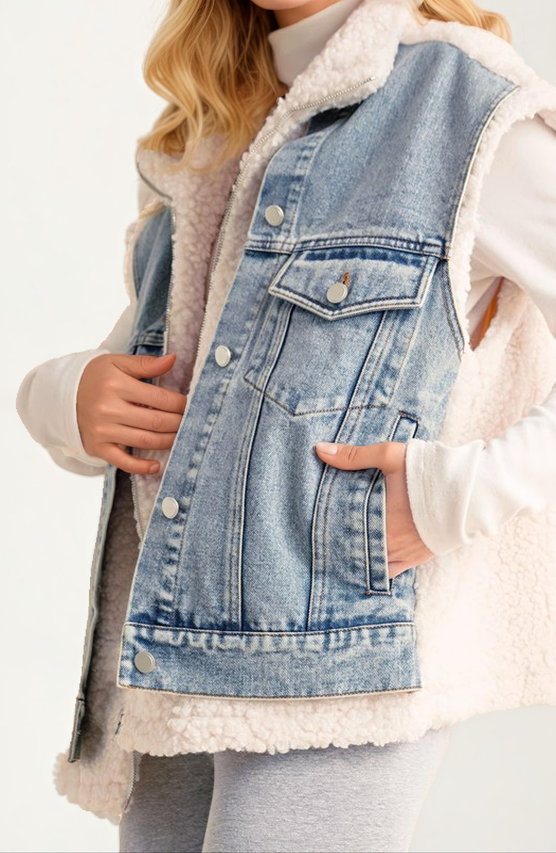 Knit and Lounge Sleeveless Denim and Fleece Snap-Pocket Vest, Alternate, color, 