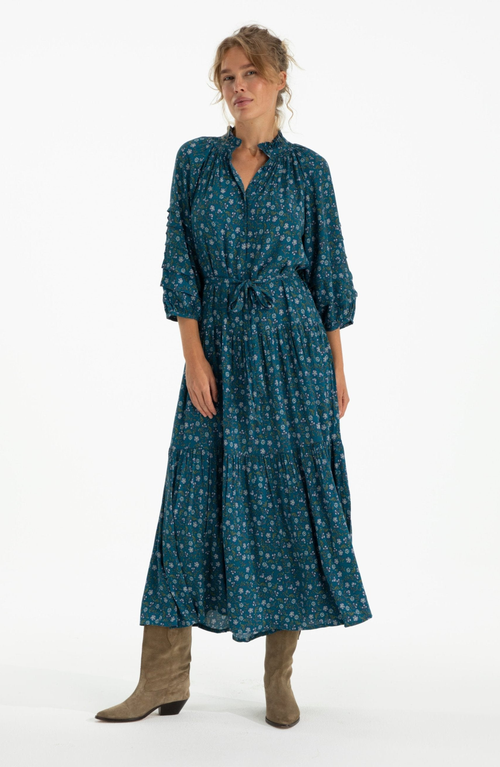 Hermoza Zoey Jo Belted Tiered Maxi Dress In Blue