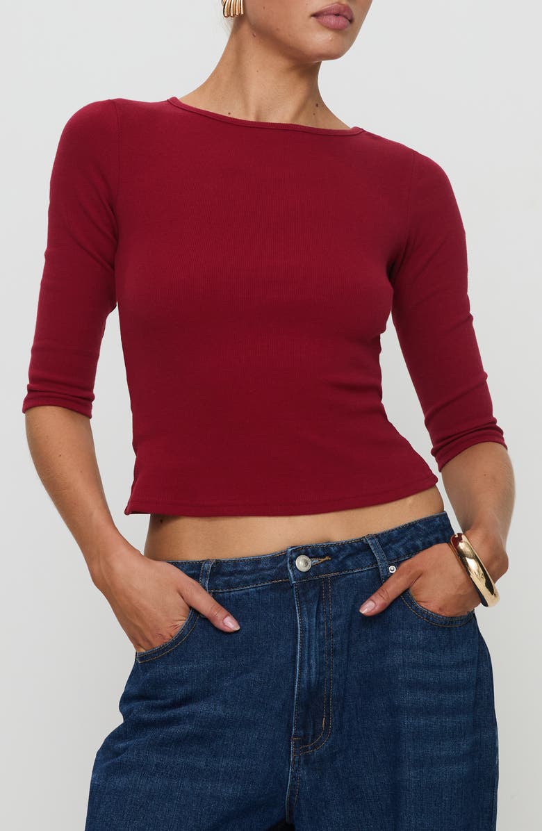 Princess Polly Elaia Three-Quarter Sleeve Crop Top, Main, color, Red