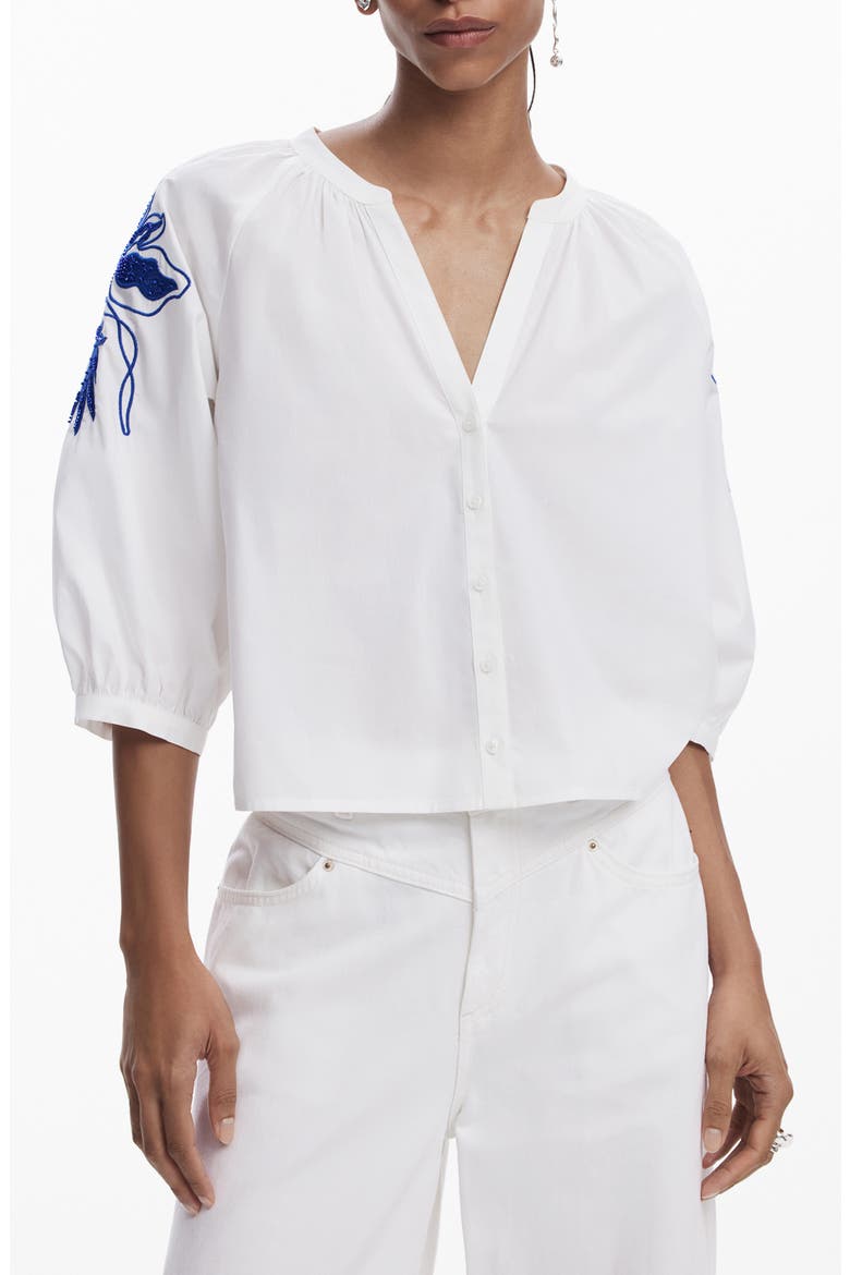 Beaded Puff Sleeve Crop Shirt, Main, color, WHITE