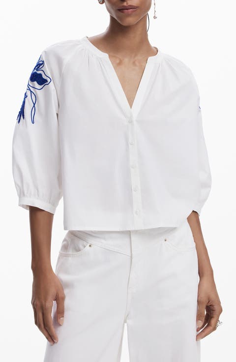 Beaded Puff Sleeve Crop Shirt