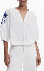 Desigual Beaded Puff Sleeve Crop Shirt