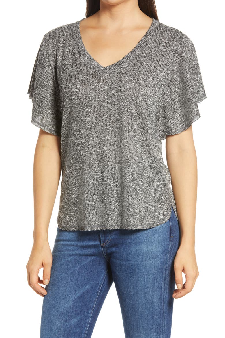 Hacci Flutter Sleeve Top, Main, color, BLACK