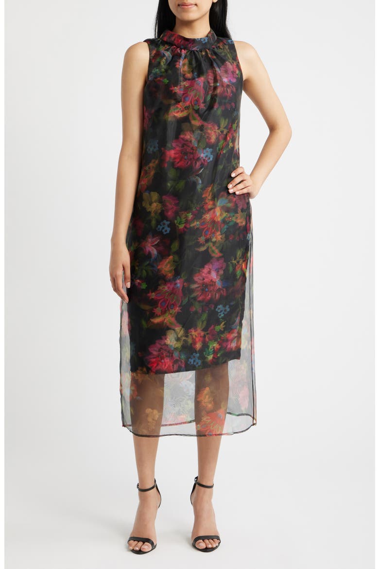 Floral Print Organza Overlay Midi Dress, Main, color, BLCK MULTI