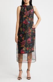 Vince Camuto Floral Print Organza Overlay Midi Dress