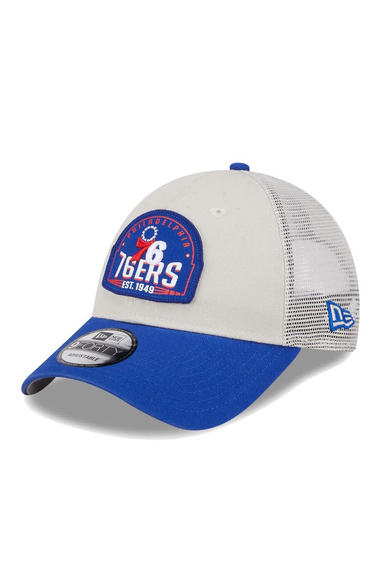 New Era Men's New Era Khaki/Royal Philadelphia 76ers Throwback Patch Trucker 9FORTY Adjustable Hat, Main, color, Khaki