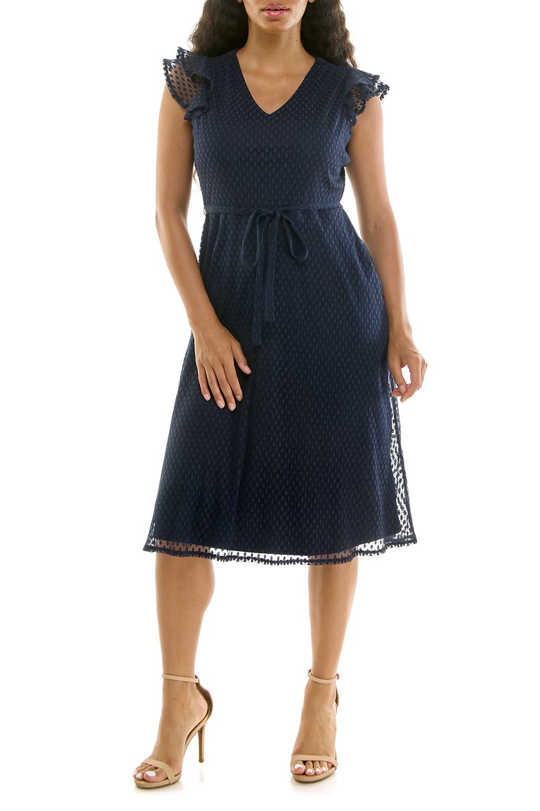 Mesh Fit & Flare Dress, Main, color, NAVY