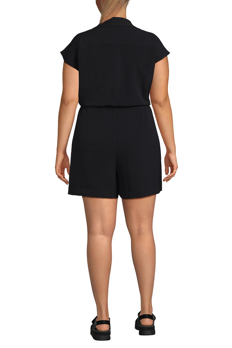 Plus Size Cap Sleeve Creaseless Button-Down Romper, Alternate, color, Black