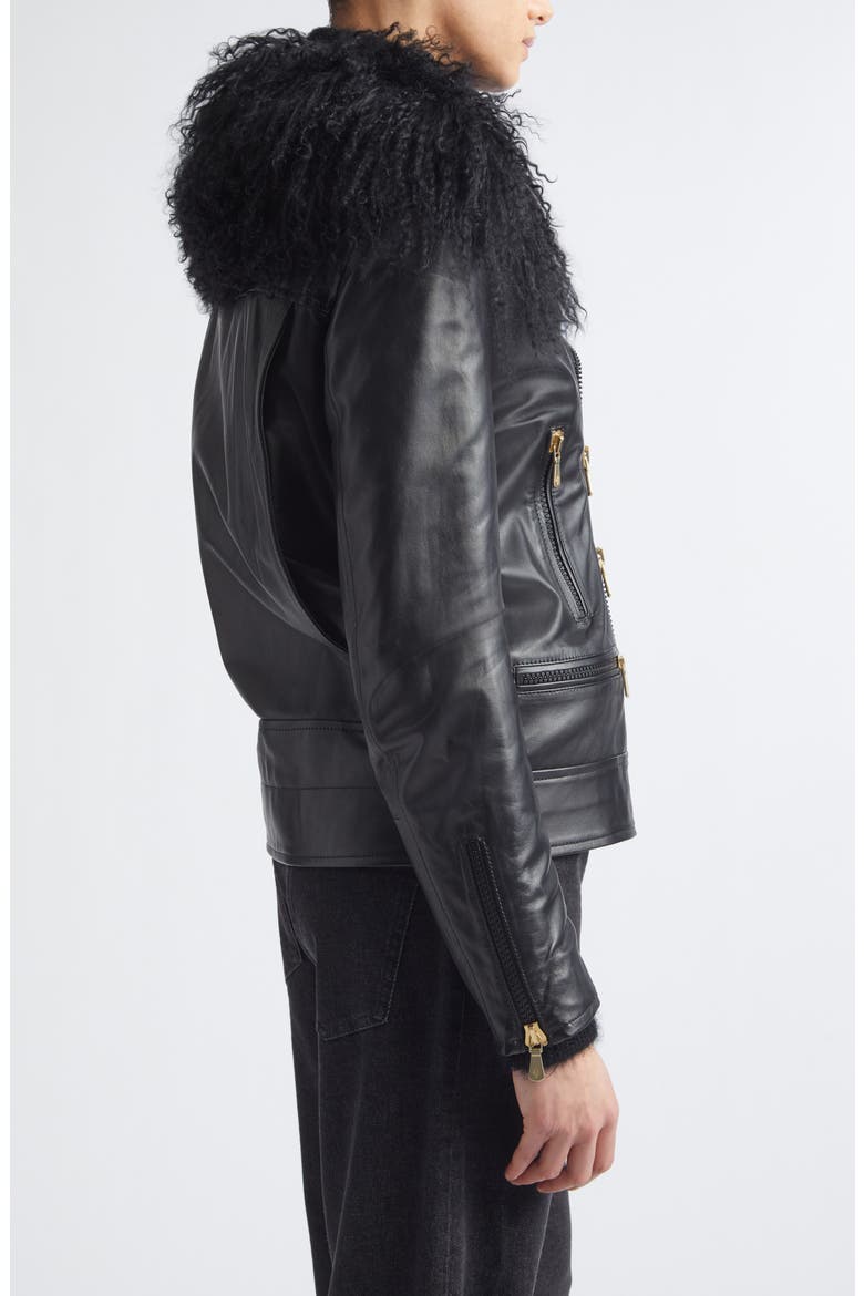Genuine Shearling Collar Leather Biker Jacket, Alternate, color, 22 BLACK