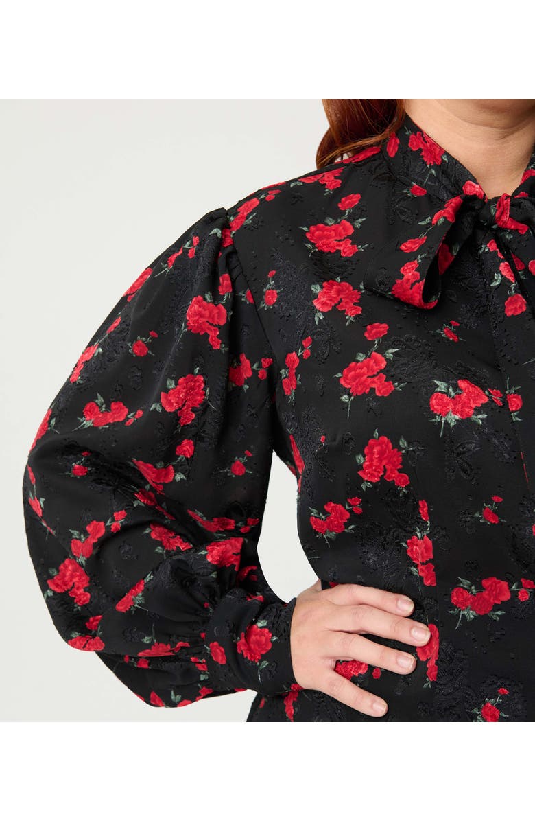 Unique Vintage Plus Size Long Sleeve Neck Tie Gwen Blouse, Alternate, color, Black & Red Rose Print