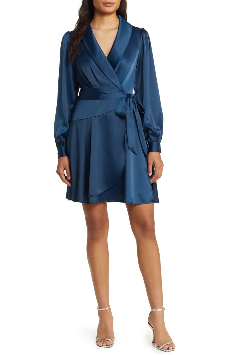 Vince Camuto Shawl Collar Long Sleeve Satin Dress, Main, color, Peacock