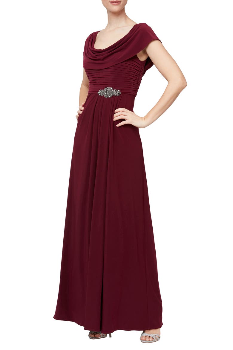 Cowl Neck Beaded Waist Evening Gown, Alternate, color, MERLOT