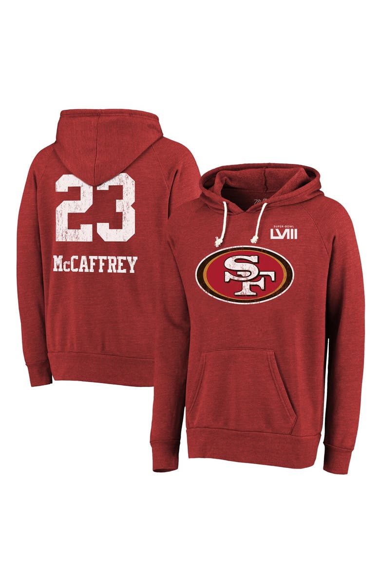 Majestic Threads Men's Majestic Threads Christian McCaffrey Scarlet San Francisco 49ers Super Bowl LVIII Name & Number Tri-Blend Pullover Hoodie, Alternate, color, 