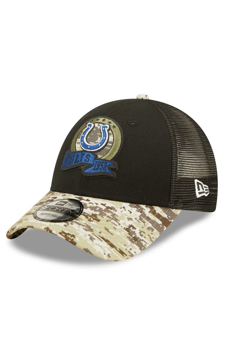 New Era Men's New Era Black/Camo Indianapolis Colts 2022 Salute To Service 9FORTY Snapback Trucker Hat, Alternate, color, 