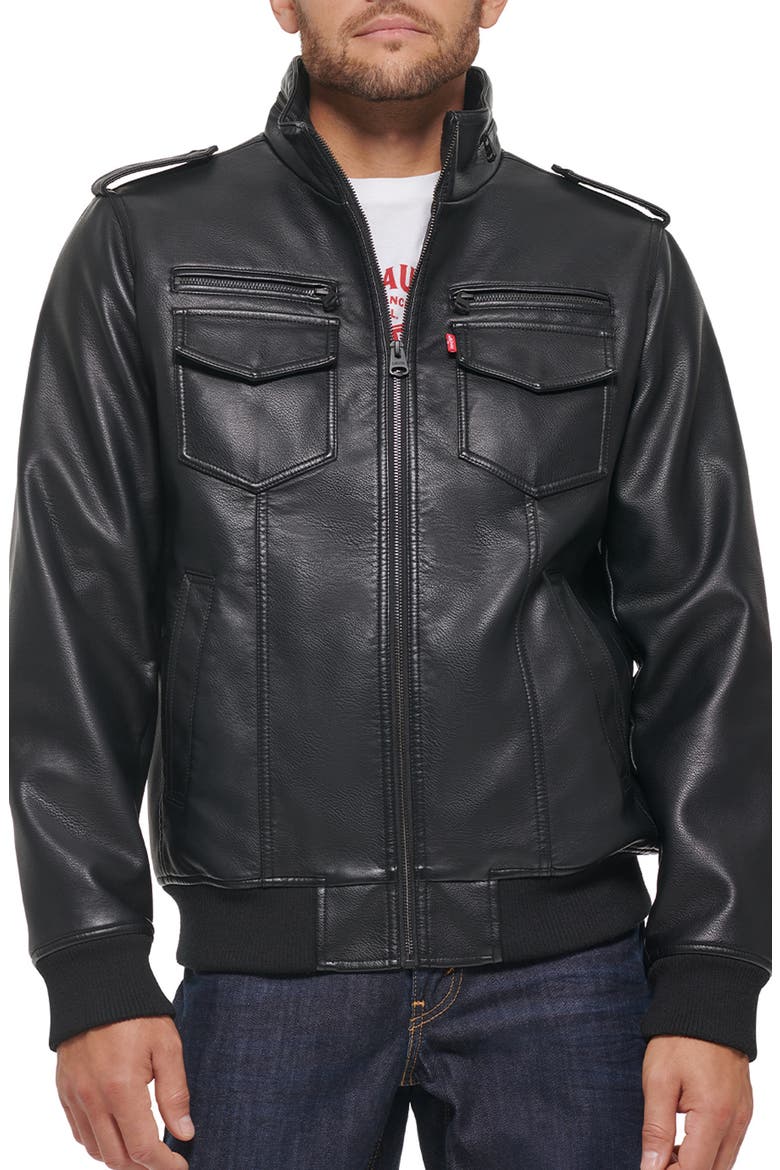 Water Resistant Faux Leather Aviator Bomber Jacket, Main, color, BLACK