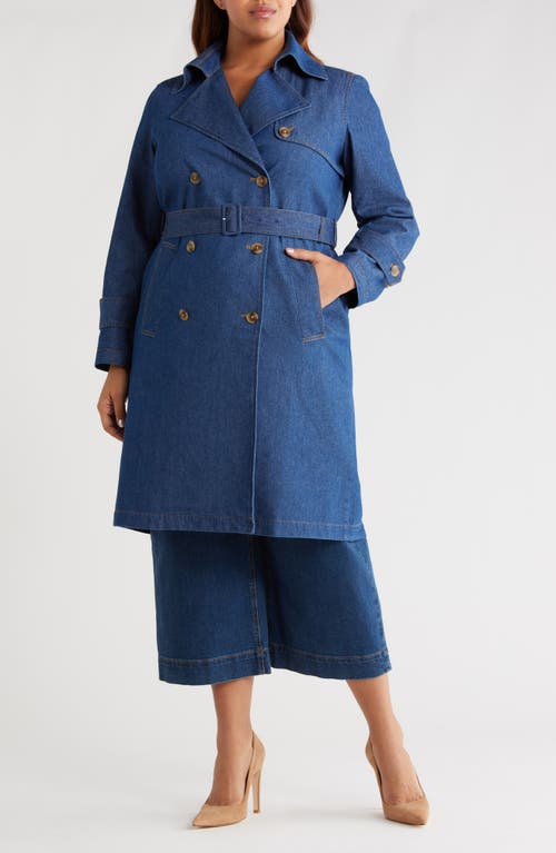 Anne Klein Chambray Double Breasted Belted Trench Coat In Blue
