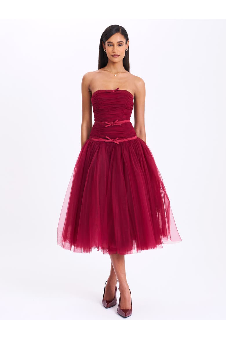 Mabel Drop Waist Layered Mesh Midi Puffy Dress with Bow, Alternate, color, Burgundy