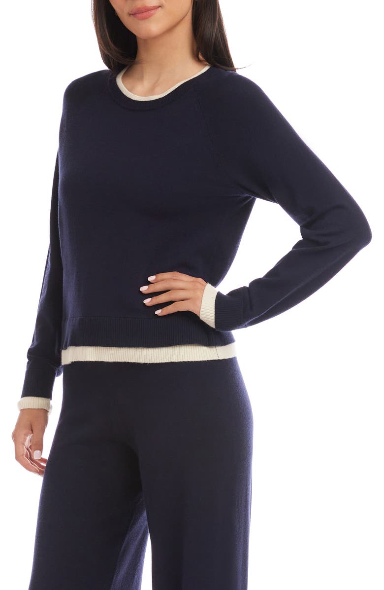 Karen Kane Contrast Trim Crewneck Sweater, Alternate, color, Navy W/ Cream