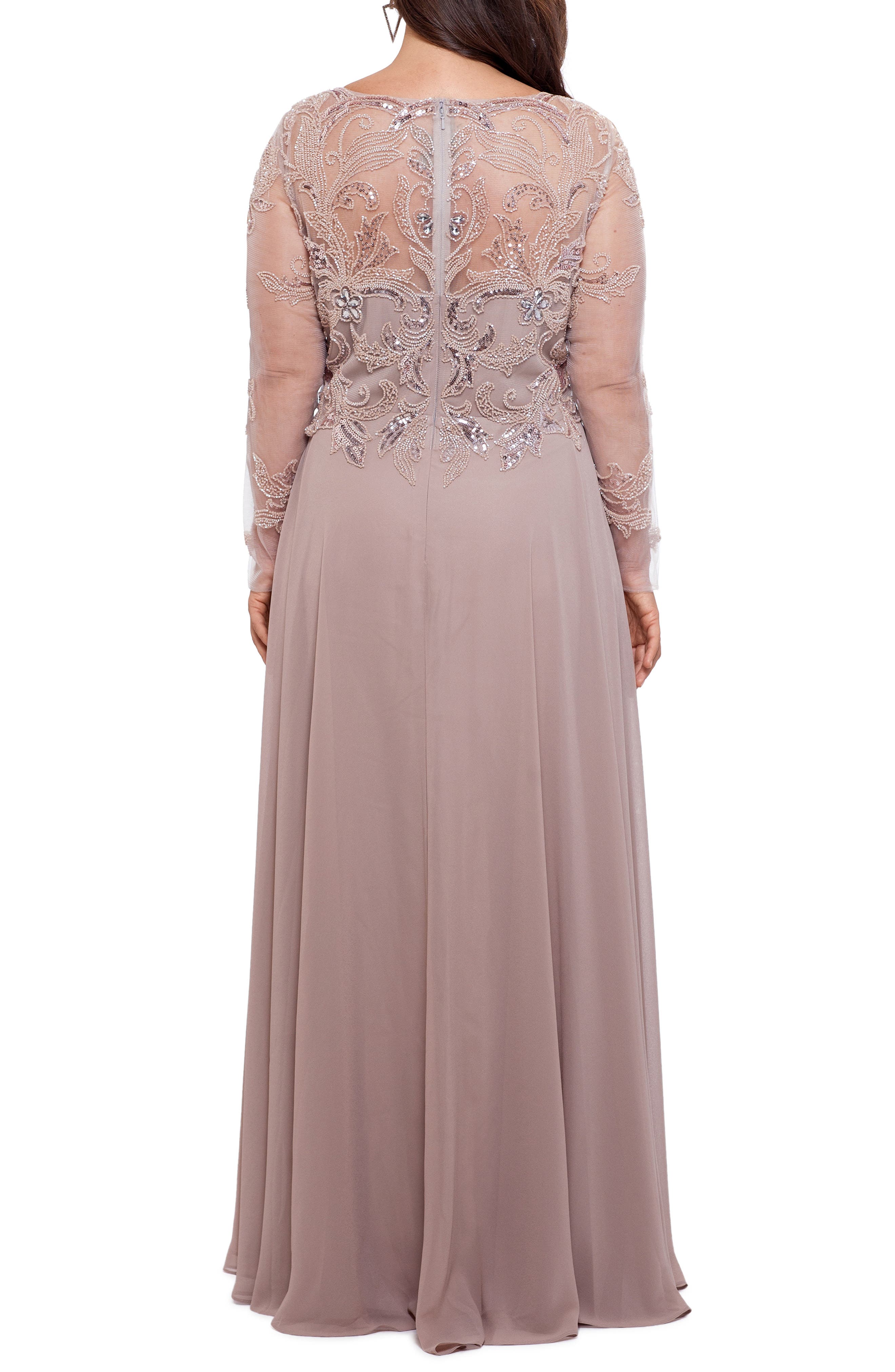 Xscape Long Sleeve Beaded Chiffon Evening Gown