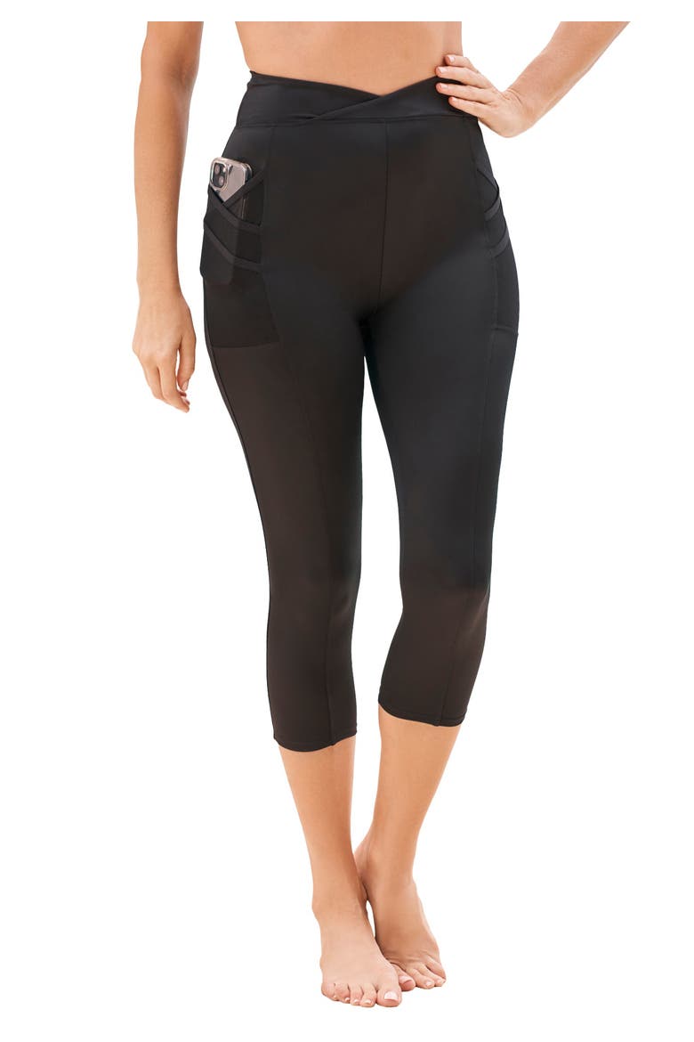 High-Waist Swim Capri With Mesh Pockets, Main, color, BLACK