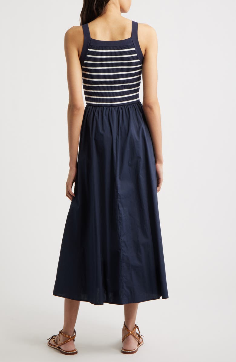 MOON RIVER Stripe Bodice Mixed Media Midi Dress, Alternate, color, Navy