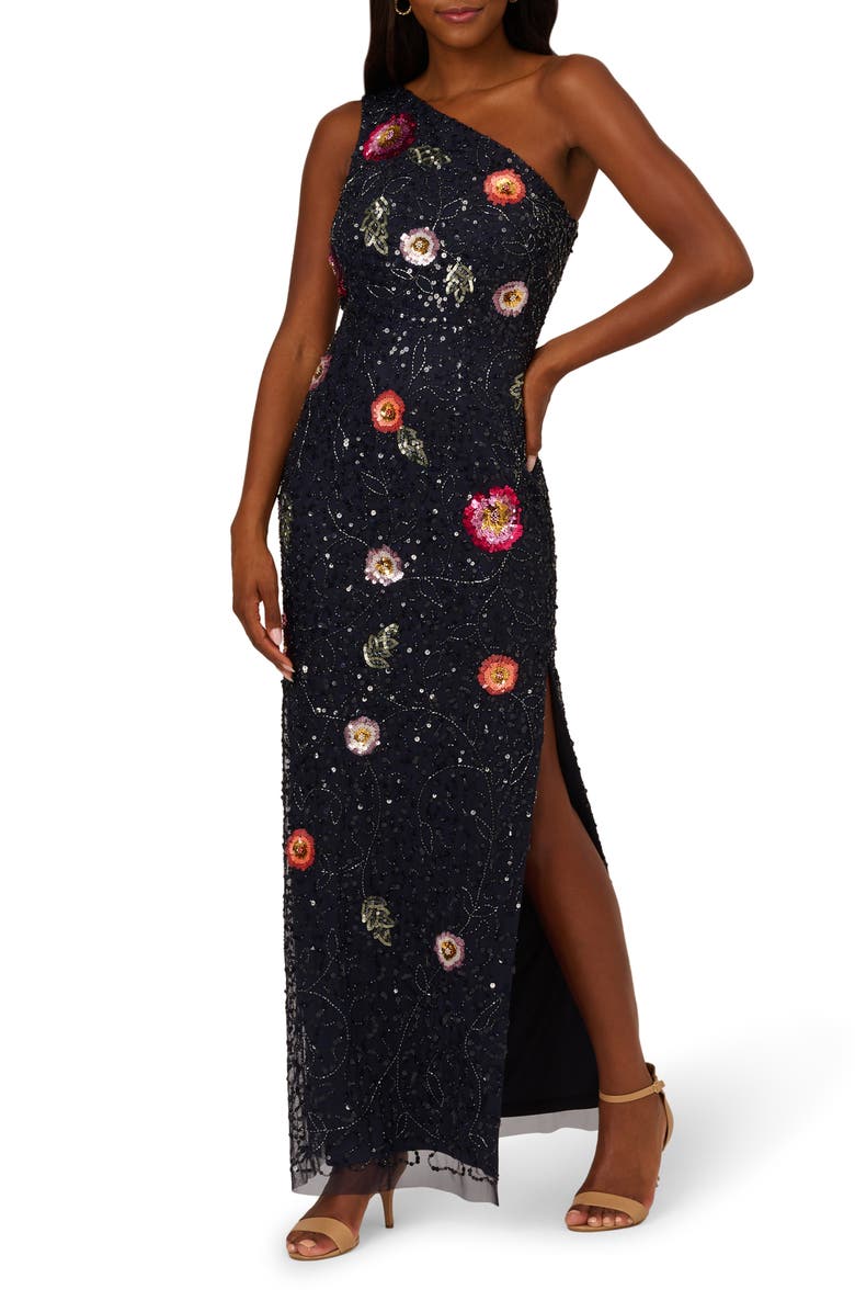 Adrianna Papell Sequin Floral One-Shoulder Gown, Main, color, 