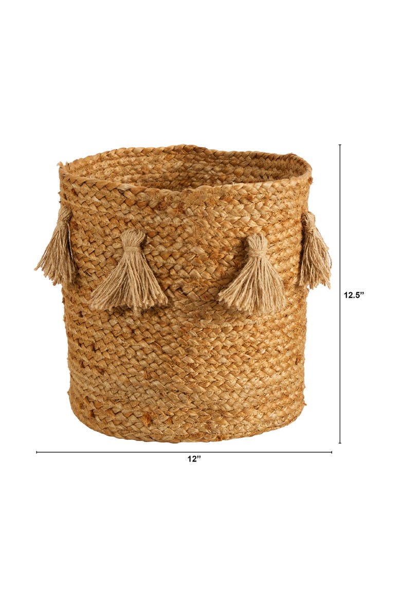12.5-in Boho Chic Natural Hand-Woven Jute Basket Planter with Tassels, Alternate, color, Beige