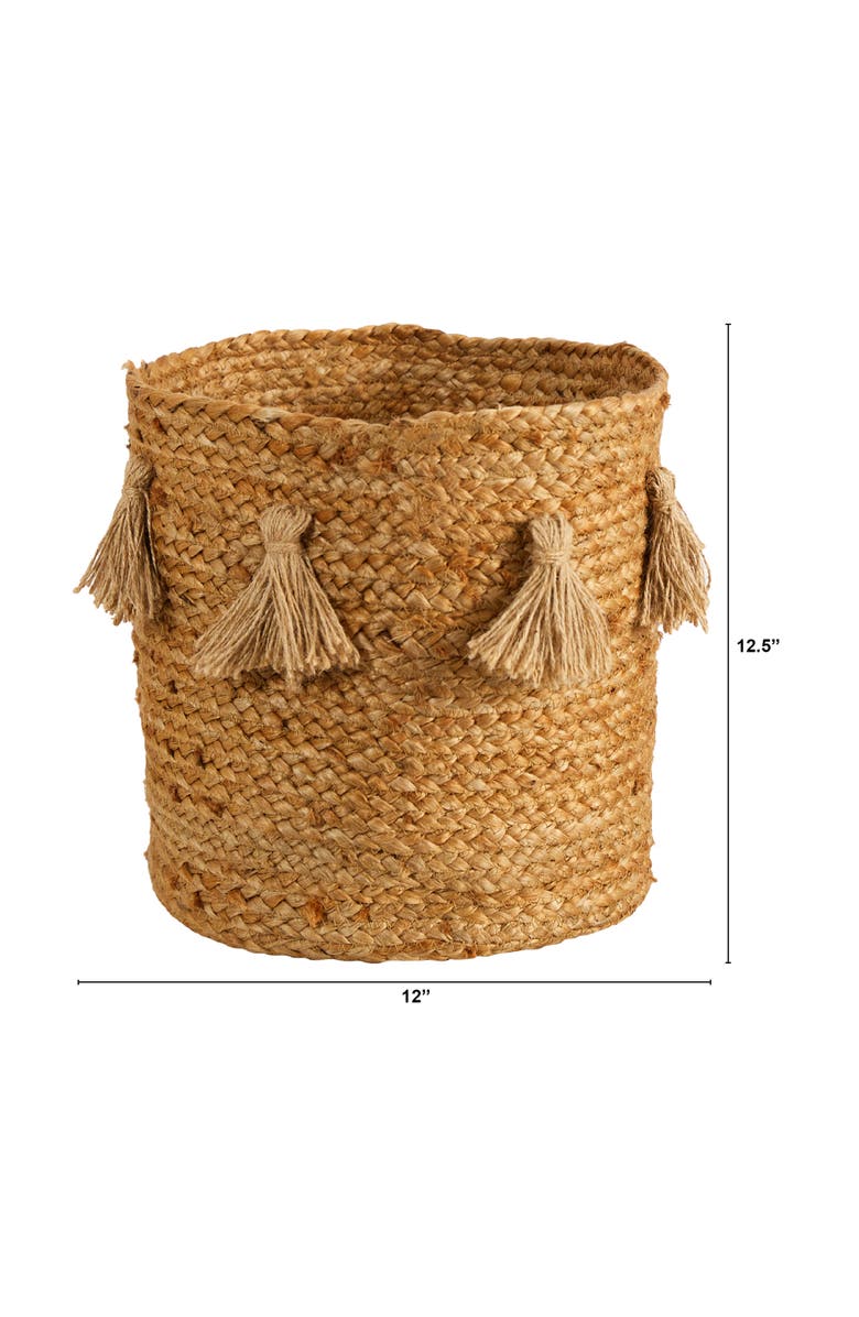 NEARLY NATURAL 12.5-in Boho Chic Natural Hand-Woven Jute Basket Planter with Tassels, Alternate, color, Beige